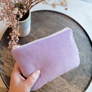 Borsa cosmetica classica viola in velluto a coste con cerniera in metallo, borsa da viaggio per utensili, borsa per il trucco fatta a mano, borsa in tessuto personalizzabile