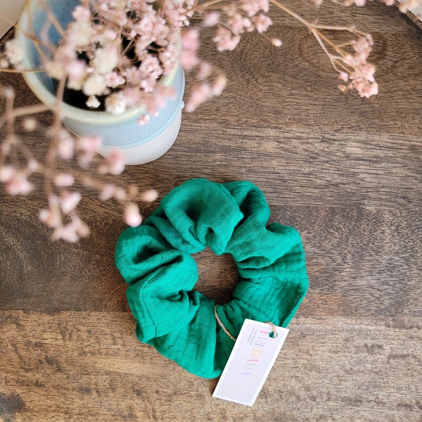 Green muslin scrunchies, large cotton hair tie, thin spring scrunchie, handmade braid band, hair accessories as JGA gift
