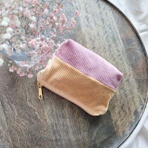 Kleines Kosmetiktäschchen aus weichem Cordstoff I mit gelbem Reißverschluss I kleine Kulturtasche 15x10 cm I gelb und rosa Cordstoff