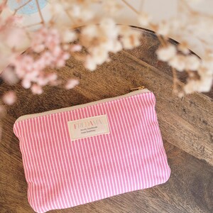 rosa gestreifte Denim Pouch, handmade Hygiene-Tasche cm, scandi Style Täschchen, Streifen Kulturtasche mit Zipper, personalisierbar