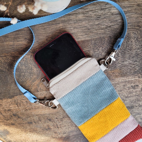 bunte Handytasche aus Cordstoff I Smartphone Tasche zum umhängen I Handyhülle Cord mehrfarbig I Tasche fürs Smartphone mit Reißverschluss