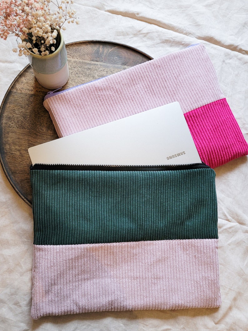 zweifarbige Laptoptasche Cord, Rosa Smaragdgrün, 13 / 14 Zoll, leicht gefüttert & Reißverschluss, handmade Laptophülle als Geschenk Bild 2