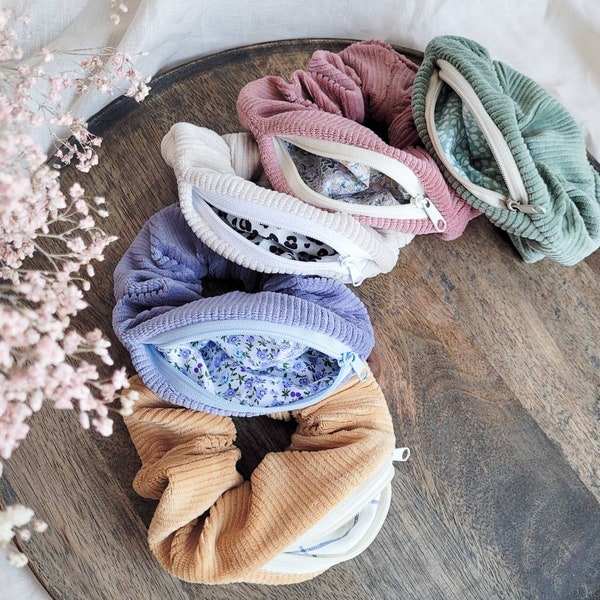 Reißverschluss Scrunchie aus Cord in verschiedenen Farben, Haartrend 2023, Großes Haargummi mit Fach, Zipper Scrunchie, Geschenk für Frauen