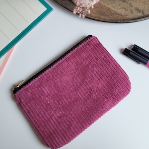 Weinrote Cord Pouch, große schlichte Kosmetiktasche, Retro Cord Täschchen mit Metallreißverschluss, handmade Tasche als Geschenk