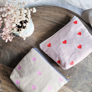 Trousse cosmétique cordon coeur I en beige ou rose avec fermeture éclair dorée, trousse de maquillage pour filles, cadeau pour amies, trousse en tissu coeur