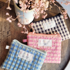 piccola borsa trapuntata a quadri, mini pochette in cotone fatta a mano, astuccio con cerniera a quadri, piccola borsa per cosmetici in regalo in rosa e blu