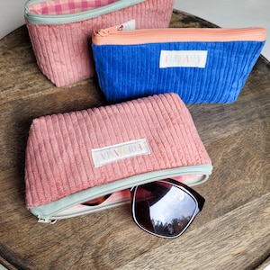 Custodia per occhiali in velluto a coste | Borsa per occhiali blu e rosa | Custodia per occhiali da sole in velluto a coste per gli spostamenti | Custodia unisex per occhiali da lettura