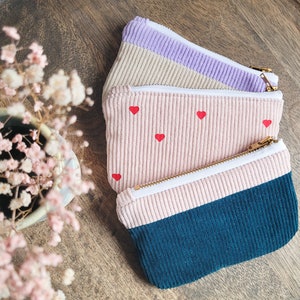 Small purse made of corduroy, handmade wallet pink/petrol/purple, 14 x 10 cm, cosmetic bag with hearts I small gift with hearts