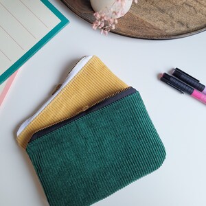 Reise-Kosmetiktasche, dunkelgrün und gelbe schlichte Pouch, Retro Täschchen mit Metallreißverschluss, handmade Make-up Tasche