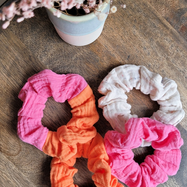 Colorful muslin scrunchies, large pink cotton muslin hair tie, hair trend, soft scrunchies orange, JGA accessories in spring color