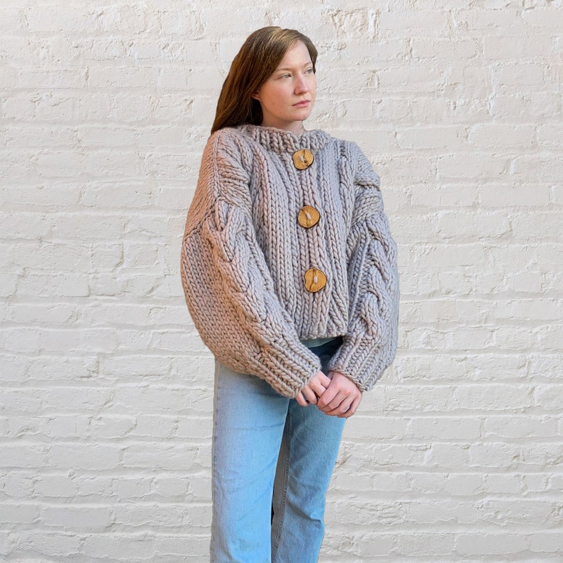 Hand knit cable cardigan / chunky beige 100% wool / natural oak wood buttons image 2