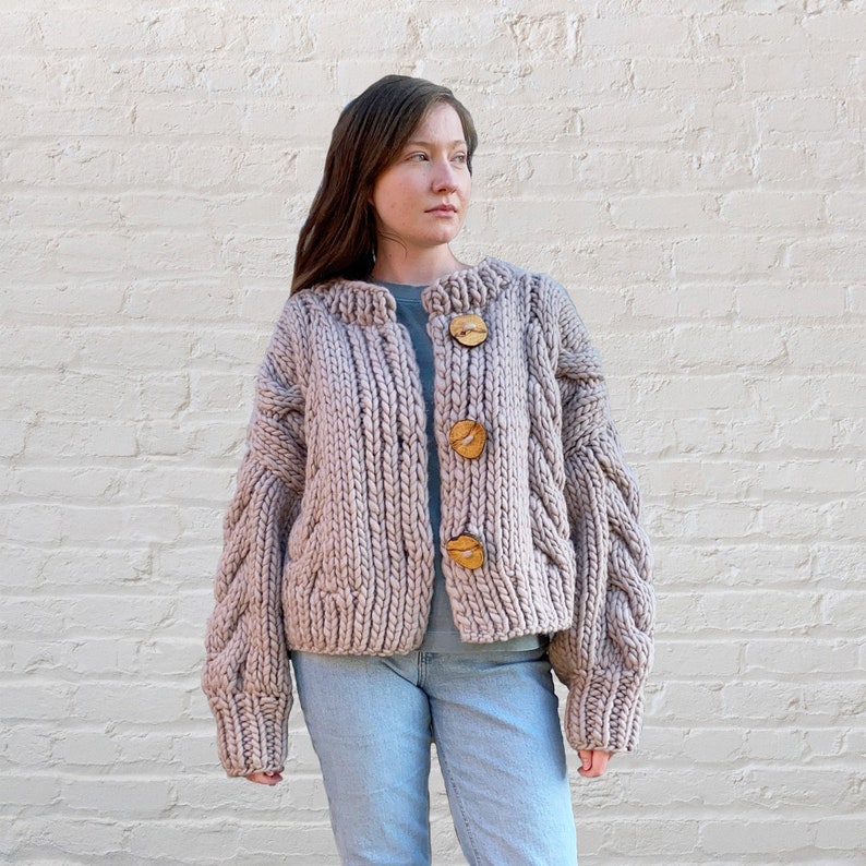 Hand knit cable cardigan / chunky beige 100% wool / natural oak wood buttons image 1