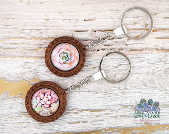Wood keychain with succulent art, your choice of art styles, carved heart key ring accessory | thoughtful gardener gift, handmade in Canada