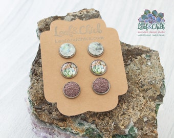 Set of stud earrings in maroons, stainless steel stylized plant art button earrings, with succulent art and complimentary studs