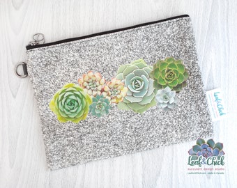 Succulent Zipper Pouch: Silver Glitter Canvas Organizer Bag