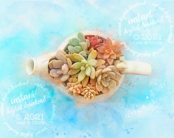 Succulent Teapot Watercolor Art Print (Digital Download)