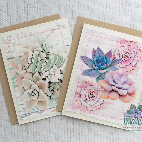 Pink succulent art fabric greeting cards | sewn onto a recycled cardstock with a brown kraft envelope | pretty succulent handmade stationary