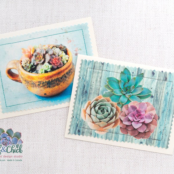 Blank succulent art greeting cards | succulent designs sewn on a recycled cardstock with a brown kraft envelope | handmade blank card design