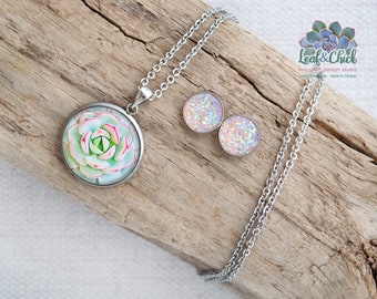 Succulent Jewelry Gift Set: Stainless Steel Necklace and Shimmery Pink Studs