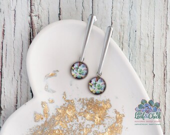Dangle drop earrings, frilly succulent art set under glass, stainless steel earrings, pretty earrings, handmade in Canada