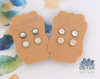 Tiny stud sets, your choice ivories or greens, stainless steel succulent art earrings, small petite button studs for the succulent lover