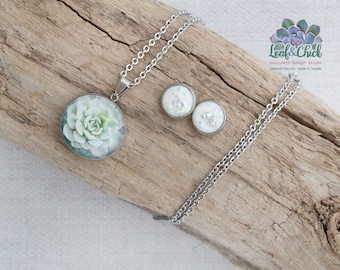 Succulent gift set Echeveria jewelry set in soft shades of white and green | succulent art necklace and studs set in stainless steel