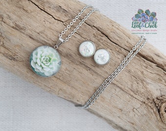 Succulent Jewelry Gift Set: Stainless Steel Necklace and Studs