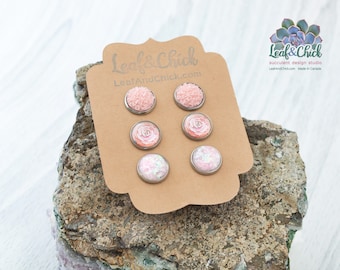 Pink Succulent Art Stud Earrings: Stainless Steel Trio