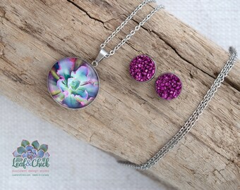 Echeveria Succulent Jewelry Set: Stainless Steel Necklace and Studs