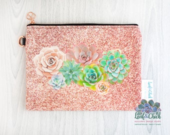 Handmade Pink Glitter Succulent Makeup Bag: Rose Gold Hardware