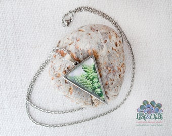 Triangle necklace in greens, succulent art, stainless steel necklace, original art set under glass in pendant, handmade in Canada
