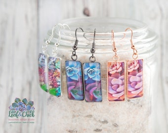Rectangle drop earrings with original succulent art set under glass, 3 choices of stainless steel colours, earrings handmade in Canada