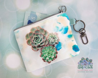 Succulent Art Coin Purse with Keychain: Handmade Denim Change Pouch