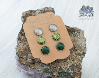 Succulent Art Stud Earrings Set: Green Glitter Trio, Stainless Steel