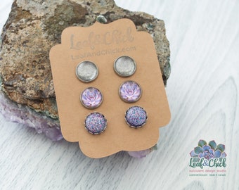 Stud earring 3 pack set, stainless steel succulent art earrings, purple and pink Echeveria art and complimentary glitters and sparkles