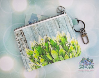 Succulent Art Coin Purse: Handmade Denim Change Pouch with Key Ring