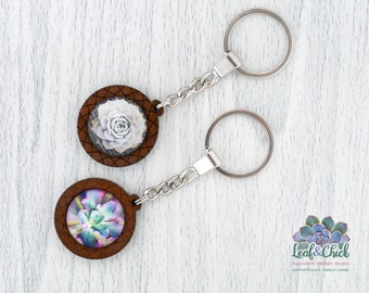 Wooden succulent art keychains, your choice of original white or purple Echeveria art, handmade in Canada, gardener gift, botanical present