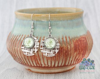 Succulent Art Earrings: Stainless Steel Waffle Circle Dangle Earrings