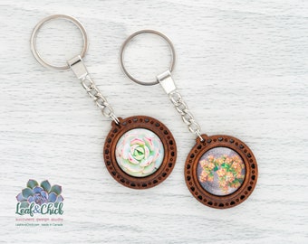 Wood keychain, hearts and succulent art, your choice of Echeveria or Crassula art set under glass, handmade in Canada gardener gift