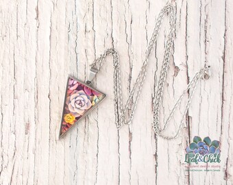 Succulent Art Necklace: Colorful Triangle Pendant, Stainless Steel
