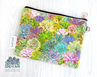 Succulent Collage Zip Pouch: Rose Gold Zipper, Canadian Made