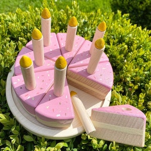 Wooden cake toy, Wood birthday cake, Kitchen pink cake for girl Tea Party Food, Montessori Pretend Play Kitchen cake with candles
