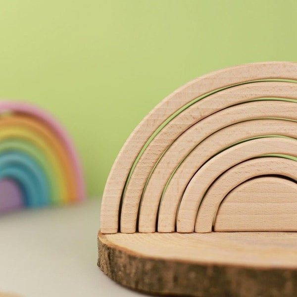 Jouet empilable arc-en-ciel en bois naturel, jouet empilable arc-en-ciel en bois Montessori, puzzle naturel Waldorf, déco chambre de bébé