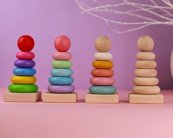 Wooden Rainbow Pyramid Stacking ring, Montessori Sensory Toys, Wooden Pyramid for Kids 7 details 1st Birthday Gift
