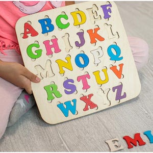 Rompecabezas de madera con alfabeto colorido, juguete educativo de aprendizaje para niños pequeños, divertido estilo Montessori para niños