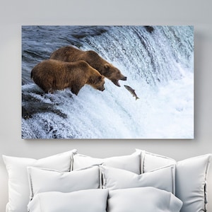 WILDLIFE PHOTOGRAPHY PRINT - Fishing Bears of Brooks Falls - Katmai Alaska - Metal Photo Print, Canvas Wall Art, Nature Art, Alaskan Art