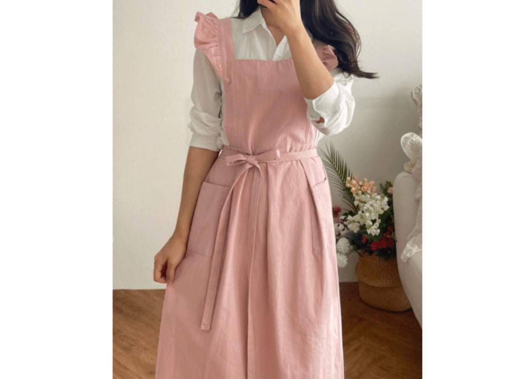 Frill Apron for Women Linen Cotton Comfortable Gift for Her Cross Back Teacher Gift Gardening Open Back (Bella)