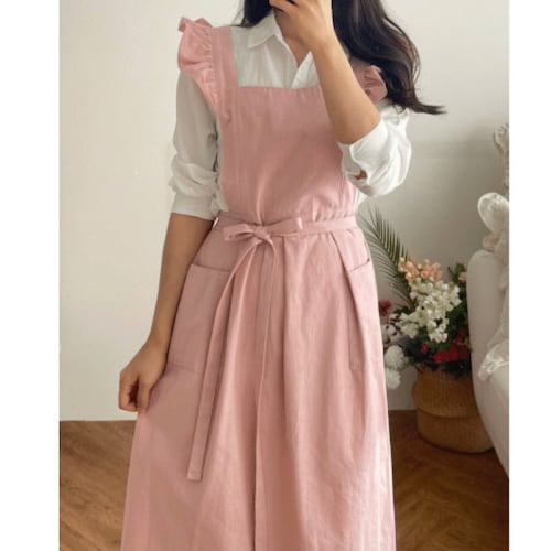 Jumper Dresses | Vintage Style Pinafore Dresses     Frill Apron for Women Linen Cotton Comfortable Gift for Her Cross Back Teacher Gift Gardening Open Back (Bella)  AT vintagedancer.com