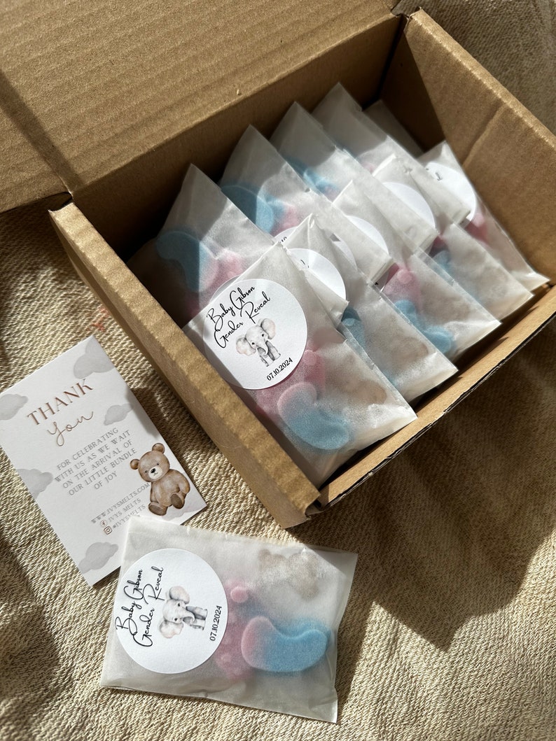 Personalised Baby Shower Favours, Baby Feet Wax Melts, Baby Shower Gifts, Teddy Bear Eucalyptus Theme, Gender Reveal, Favor Party Bag Filler image 4