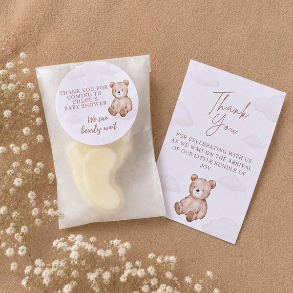 Lembrancinhas personalizadas para chá de bebê, Bearly Wait, pastilhas de cera aromáticas em formato de pezinhos de bebê, chá de bebê, ursinho de pelúcia, sacola de lembrancinhas com tema neutro marrom T01